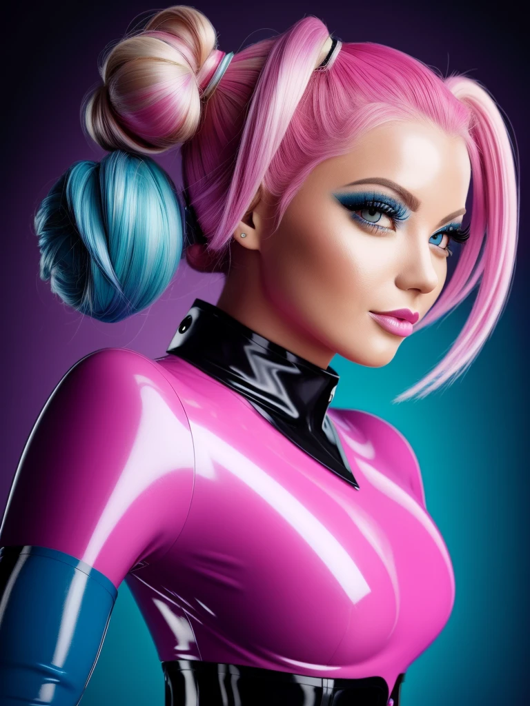((best quality)), ((​masterpiece)), (detailled), perfect face, 4 Gorgeous young twin girls, blond hair, Space Buns, pink Latexbluse, Latex blouse buttoned up, Latex blouse detailed,shiny light blue latex skirt,shiny pink latex stockings,Red Shiny Lacquer PVC Shoes, perfect face, detaillede Augen, detaillede Lippen, Detailed hands, longeyelashes, busty, portrait, hight resolution, realisti, studio lighting, Vivid colors
