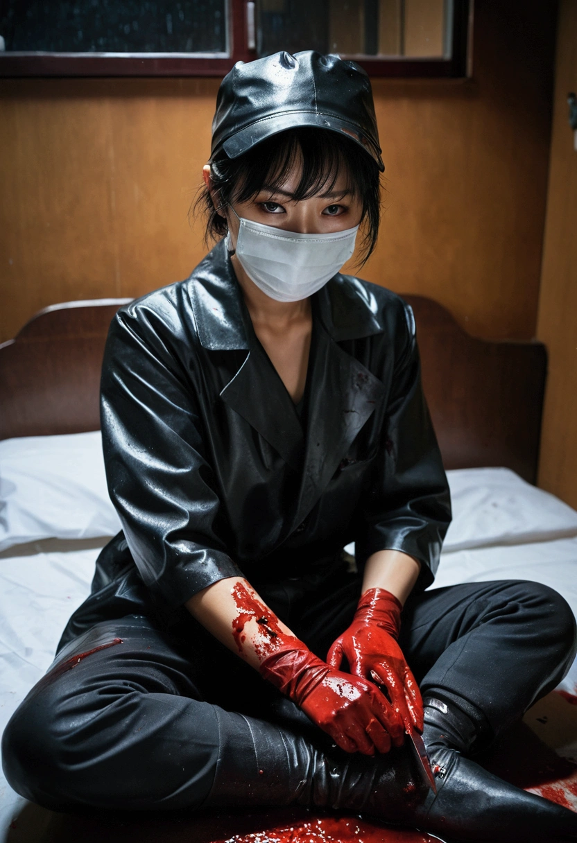 korean girl, (behind corpse, surgical mask), holding knife, stabbing, leather gloves, room full of blood, black raincoat, trucker hat, holding knife, black wet suit, leather gloves, behind corpse, blood splatter, short hair, night, mass murderer, robbery, in the hotel, light from the window, dark atmosphere, cinematic lighting, atmospheric realistic,
