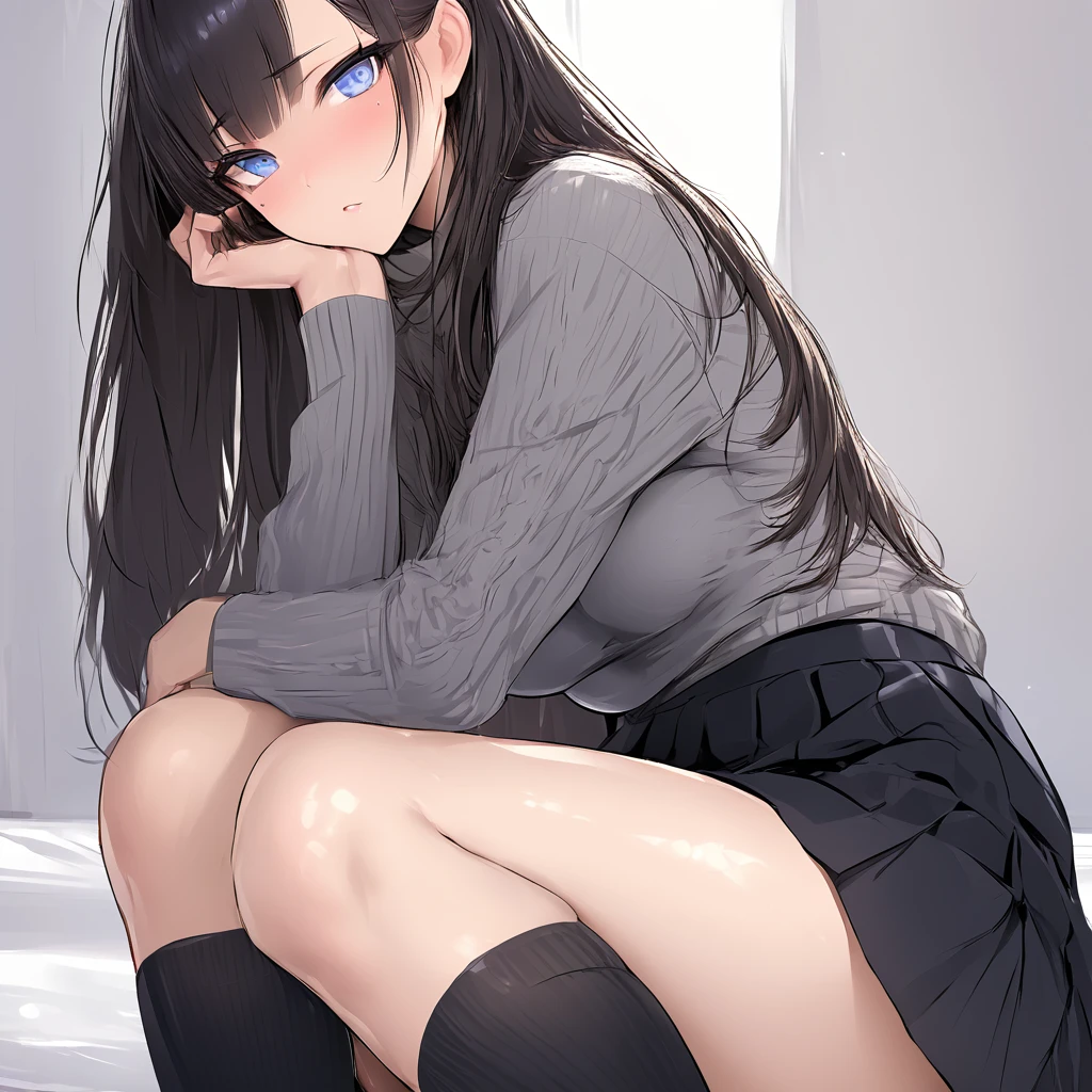 Masterpiece, Very detailed, Ultra-detailed, one beautiful woman, Beautiful woman - pleasant skin, Long hair and bangs on the sides, bright eyes, gray knit sweater, black knee socks, skirt