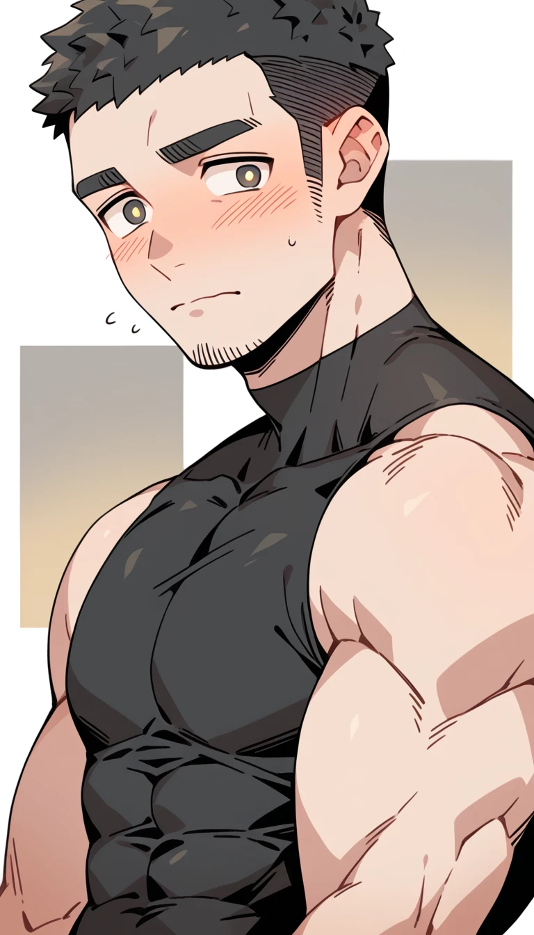 anime characters:Priapus, Muscle Sports Student, Buzz Cut, Manliness, male focus, Yellow and black tight sleeveless vest, Very tight, full and perky chest muscles, muscular male, muscular, Perfect muscular waist, only, Upper body, alone, Black short hair, Thick eyebrows, stubble, Brown-red pupils, White background, simple background, amazing quality, best aesthetics, Ridiculous, crew cut, blush, embarrassed, shy, endured face, negative space, best quality