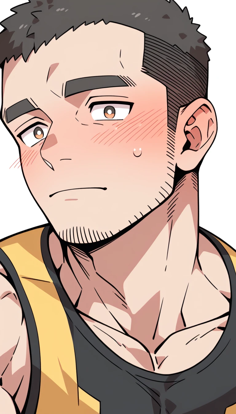 anime characters:Priapus, Muscle Sports Student, Buzz Cut, Manliness, male focus, Yellow and black tight sleeveless vest, Very tight, full and perky chest muscles, muscular male, muscular, Perfect muscular waist, only, Upper body, alone, Black short hair, Thick eyebrows, stubble, Brown-red pupils, White background, simple background, amazing quality, best aesthetics, Ridiculous, crew cut, blush, embarrassed, shy, endured face, negative space, best quality