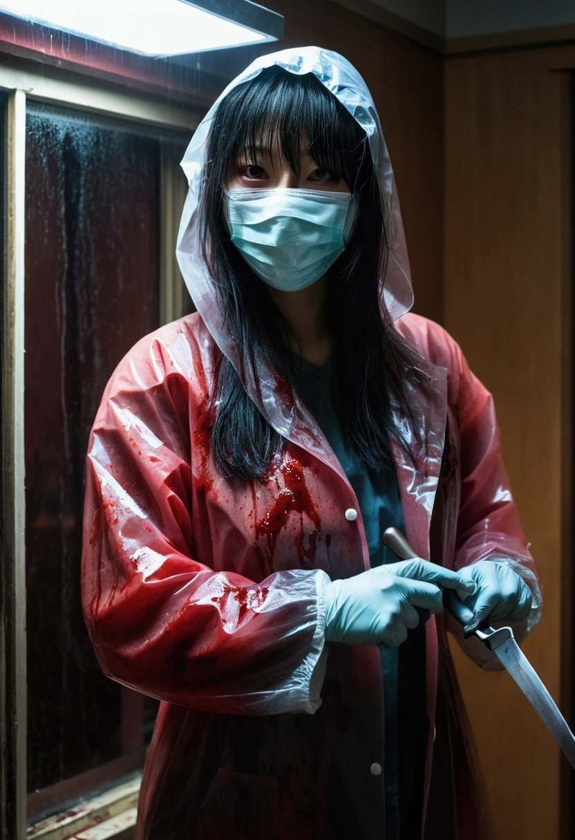 korean girl, (behind corpse, surgical mask), blood splatter, holding knife, stabbing, gloves, room full of blood, transparent raincoat, hood up, holding knife, gloves, behind corpse, long bangs, night, mass murderer, robbery, in the hotel, dark atmosphere, cinematic lighting, atmospheric realistic, light from the window
