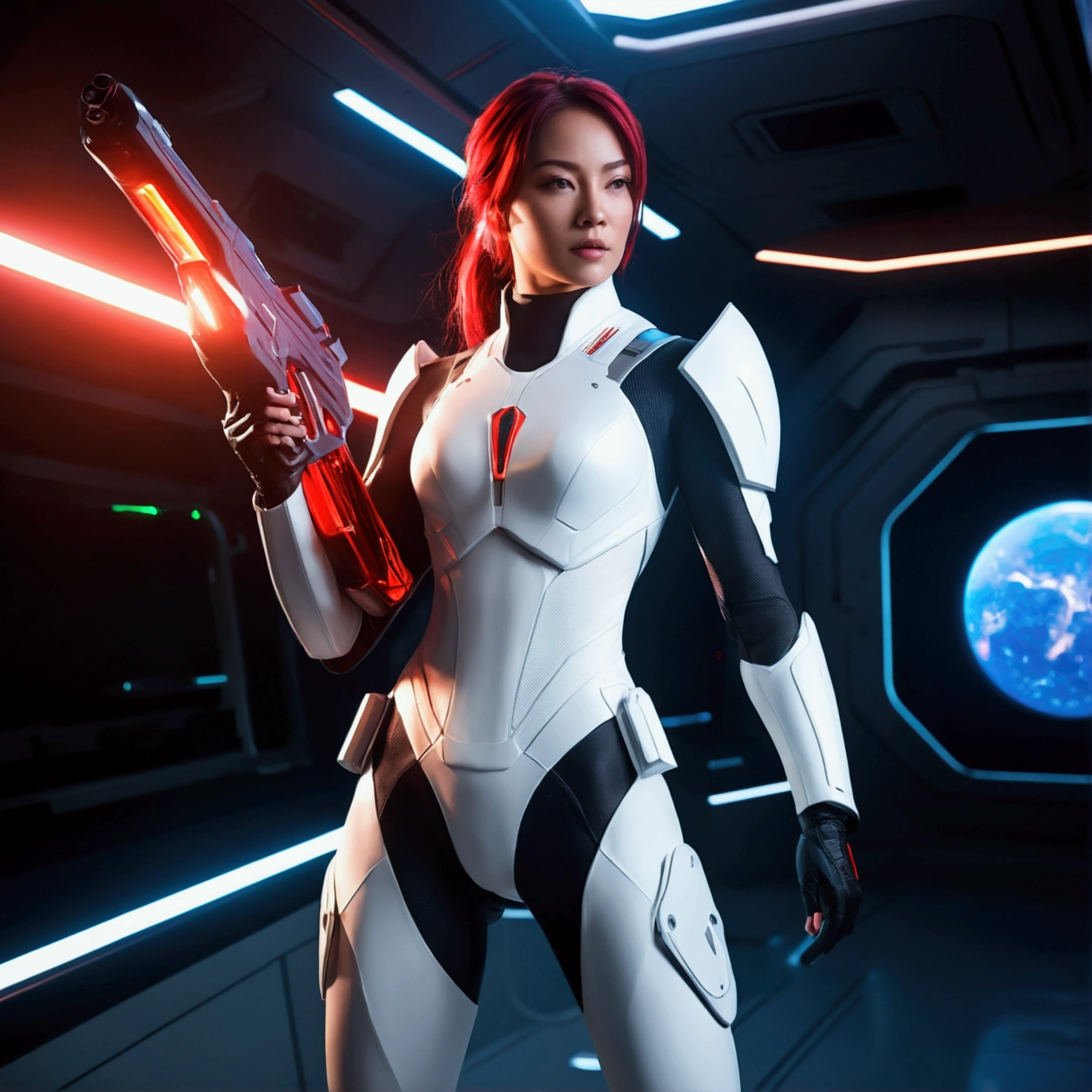 A female warrior in a high-tech white bodysuit, Alisa, carrying a plasma gun that fires red beams, in an outer space research station background, beautiful, bright, interesting shadows, concept art, cinematic, 8k, high quality, photorealistic, hyper detailed, masterpiece, dynamic lighting, volumetric lighting, lens flare, cinematic composition, atmospheric perspective, dramatic shadows, glowing energy, advanced technology, futuristic, sleek design, intricate details, vivid colors, stunning visualsศิลปะดิจิทัล,