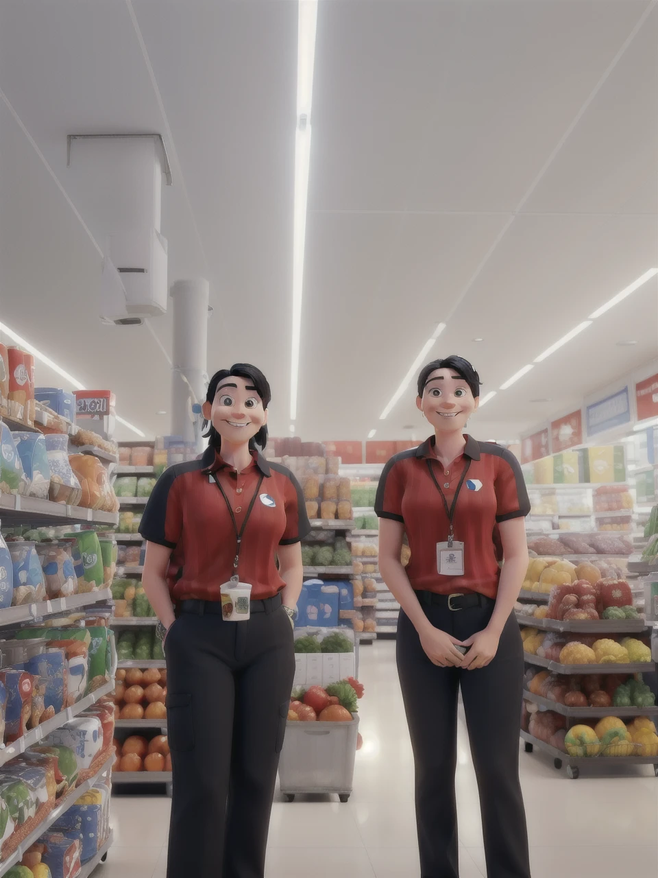 Make a 3D pixar style drawing of a employee white skin, body, black eyes, tied up hair, wearing a red polo shirt with stripe of blue over the shoulder and a name alfamart on a left chest. She is 28 years old, has black hair and is smiling. She holds a grocery basket. In the background of the image, grocery store