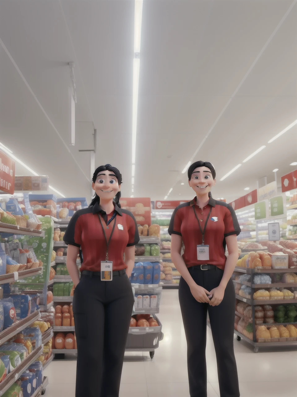 Make a 3D pixar style drawing of a employee white skin,  body, black eyes, tied up hair, wearing a red polo shirt with stripe of blue over the shoulder and a name alfamart on a left chest. She is 28 years old, has black hair and is smiling. She holds a grocery basket. In the background of the image, grocery store