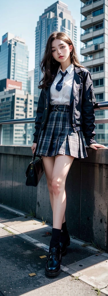 1woman、(Super beautiful)、(Beautiful face:1.5)、(A detailed face)、Standing、(High school uniform)、Dark blue jacket、White shirt、tie、Plaid Mini Skirt、Black muffin shoes,Brown hair、(Dark Makeup)、(Holding a rifle)、(Aim your rifle:1.5),Target your audience,AK47、(On the roof of a high-rise building)、Full body close-up,Full body close-up