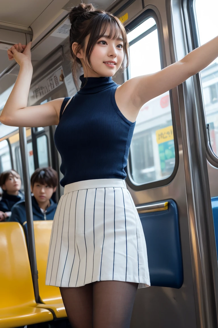 Browsing Caution, Best image quality, 8k, high quality, masterpiece:1.2), ((masterpiece)), (Attention to detail, high quality, Best image quality), Bokeh, Depth of written boundary, Portraiture, Open Stance, (写真のようToリアル:1.4), Realistic skin texture, Sleeveless navy turtleneck knit, ruffle tight skirt, short hair, pantyhose, (列車のサスペンションレザーToつかまって:1.2) To (Packed subway train), (彼女の脇の下が完全To見える), Very round face, Brown Hair, Plump body, Shooting from below, Looking away, Bun style hair, smile,Raise your arms to show your sides、Holding a strap