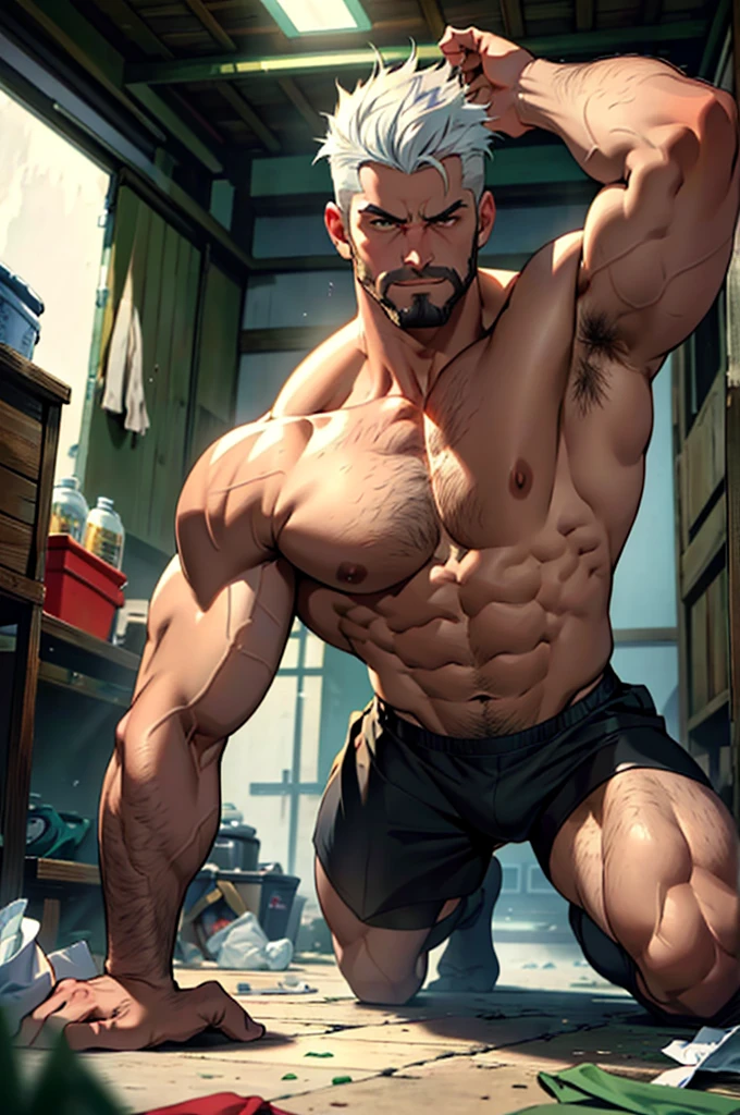 Height 195cm, grandfather, beard, 成熟Muscle Man,White hair, 1 second, Strong as an ox, Energetic, Energetic, single bedroom, Used tissues everywhere, ,Throw it on the ground, The room is messy, Throw the stinky black socks aside, best quality, Japanese, Black only, White socks, bad, masterpiece, Ultra-high resolution, Detailed background, Reality, illustration, single, 1 boy, Muscle Man, Volumetric Lighting, Depth of Field, respite, Bulging buttocks, Cool action, Breaking News,Put your hands behind your head,Topless,chest hair,Tight triangle,
