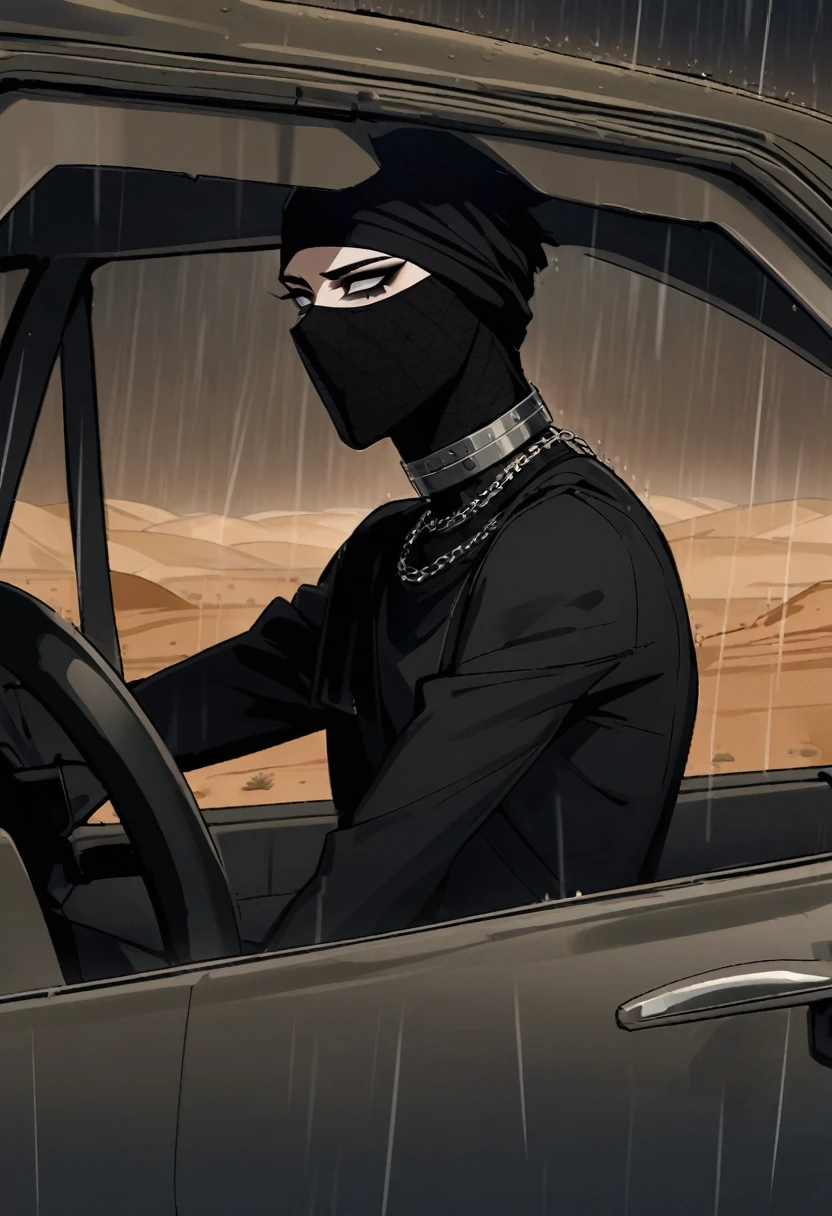 Male arab modern terrorist, terrorist, black balaclava, black bandage, black clothes, thin waist, skinny body, femboy, black eyes, light skin, makeup, black eyeliner, big eyelashes, black eyeshadow, metal choker, light tanned skin, inside the car, desert, rain, night