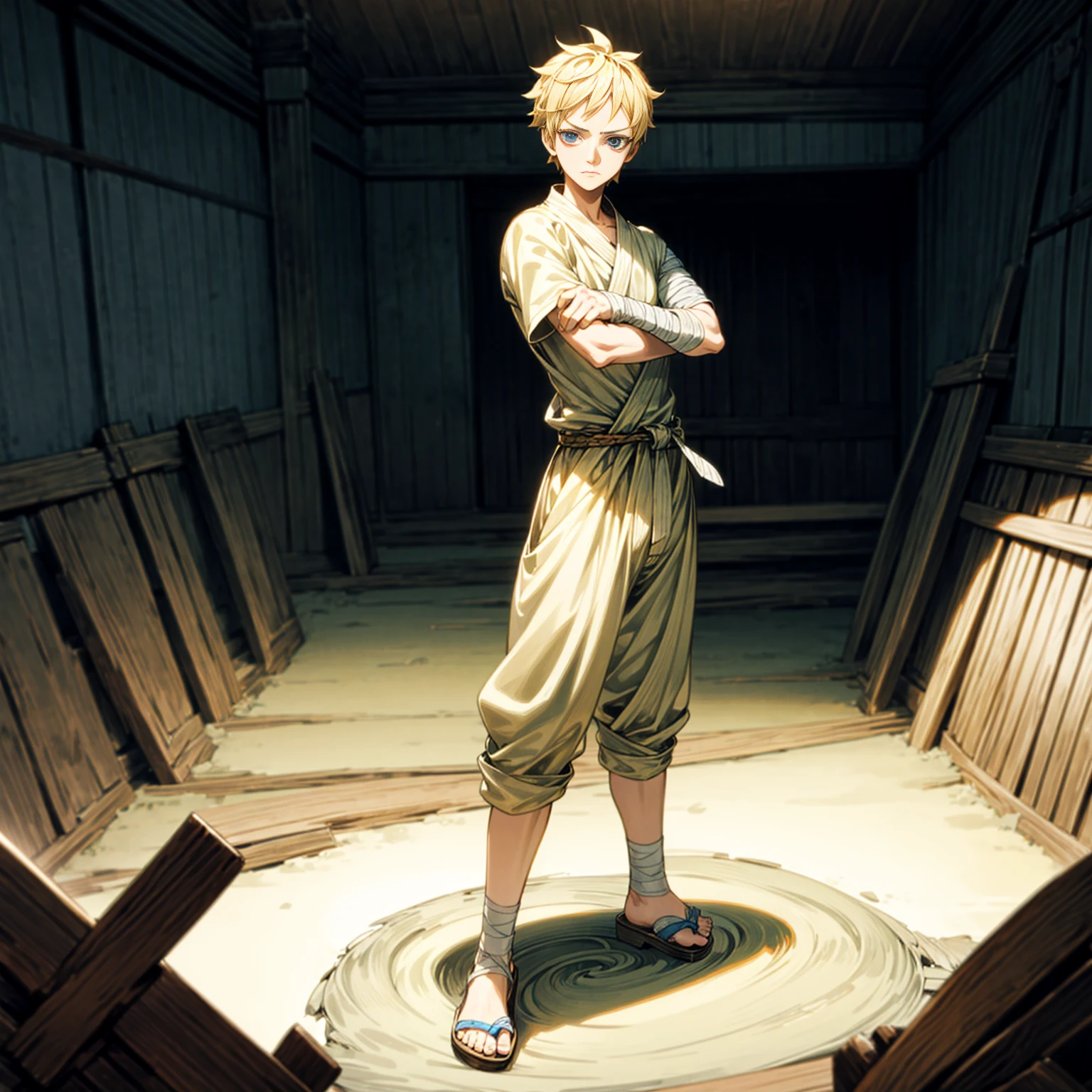 1boy, Full body version, 1character, blue eyes, sad eyes,  short haircut, blonde color hair, bandage on head, casual style outfit, sandals, Grassroots, full background indoor building, motion blur, (one piece style art), standing gesture 