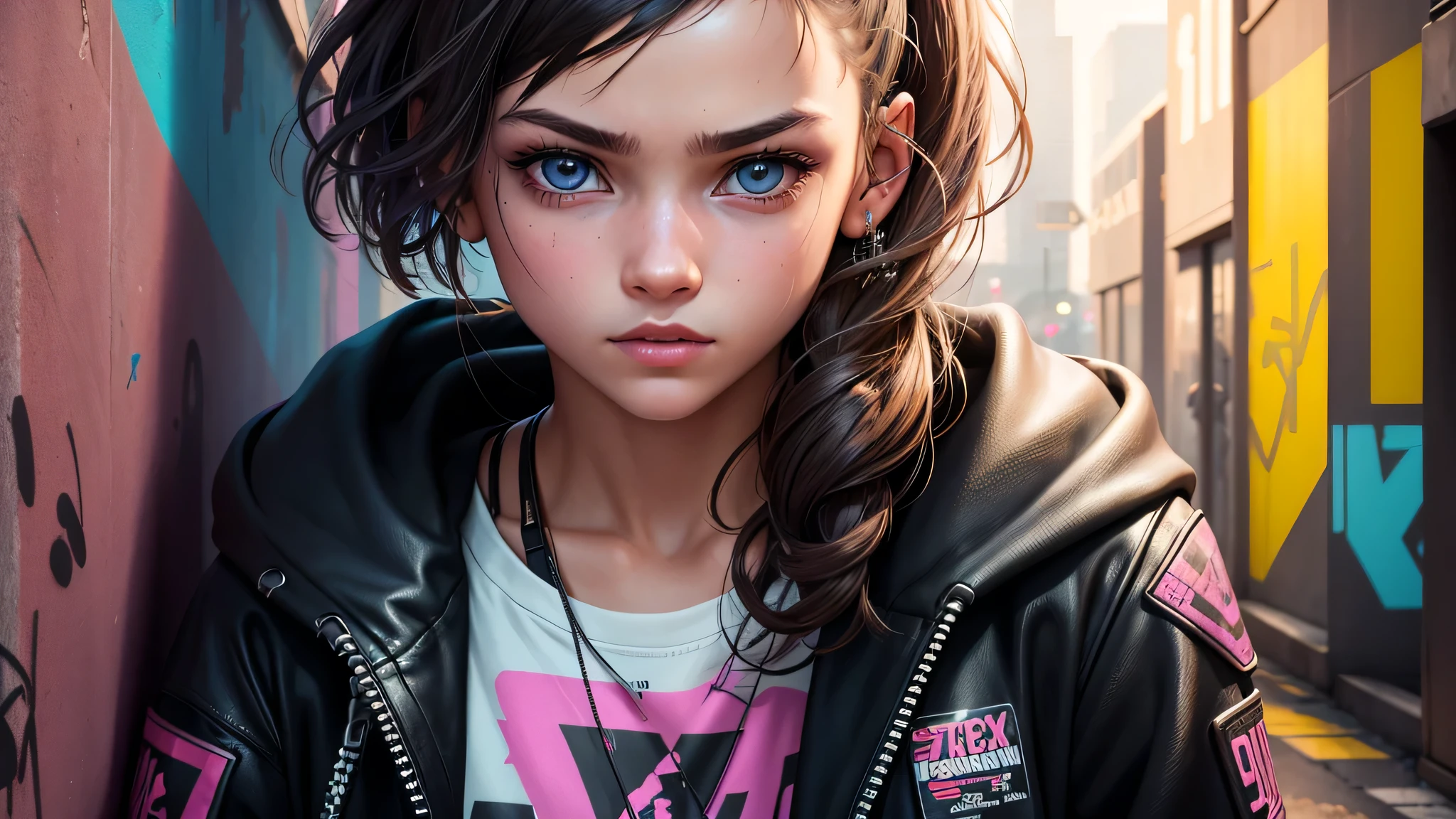 The cover of the magazine features a close-up of a young girl. She is standing on the street, leaning against a wall that is decorated in a graffiti style, reminiscent of the cyberpunk 2077 universe. The highest level of detail is given to her face and eyes, creating a true masterpiece.