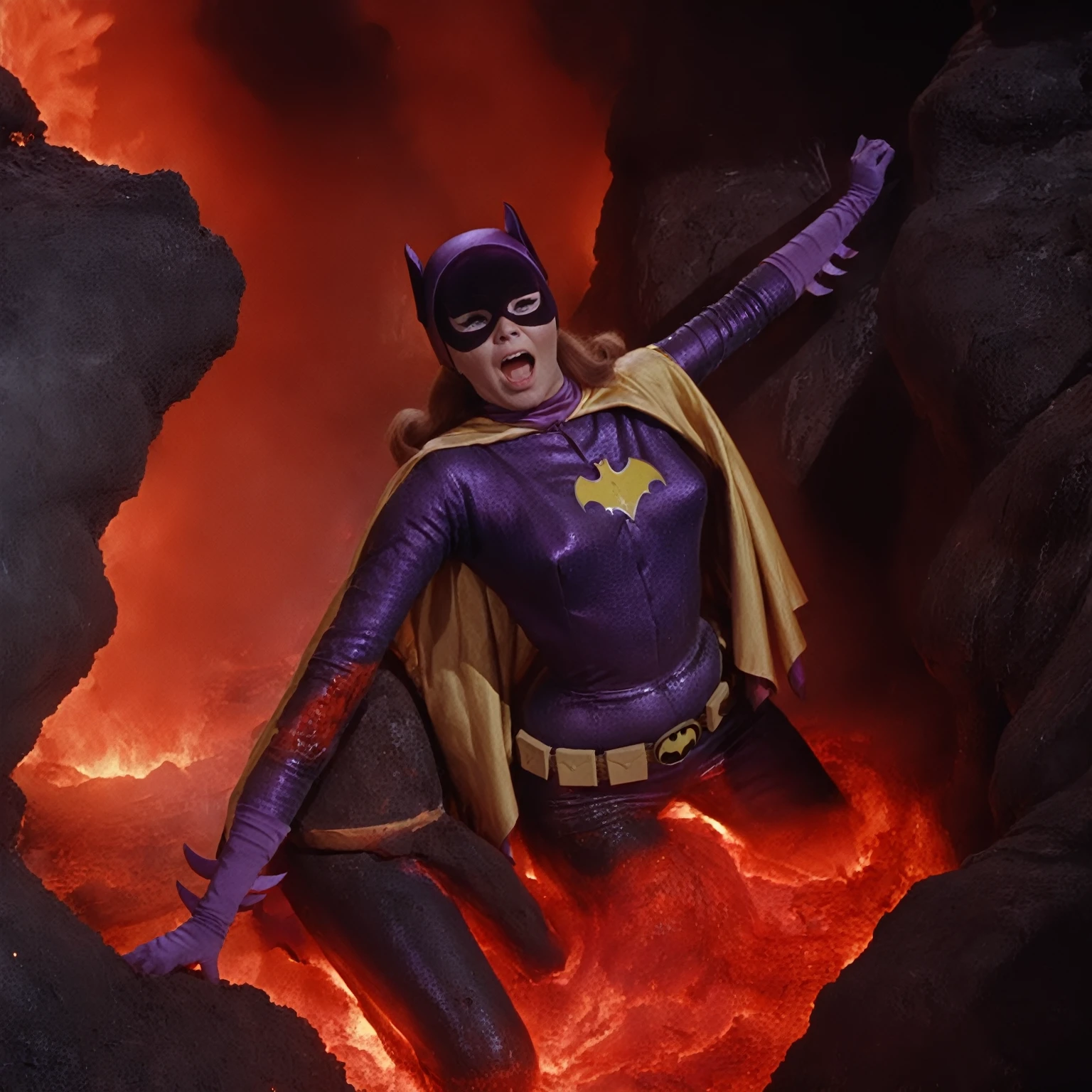 yvonne craig woman, sinking in a lava pit. She screams with her eyes wide open, she looks for help, extent her arm trying to grab something to escape, she moves desperate, but half of her body is already burning in the red glowing lava, smoke everywhere, she is in pain, she screams as hard as she can , 60's style, analog film, film grain