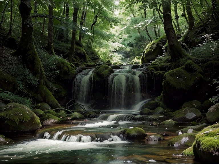 Generate an image of a tranquil forest stream with clear water flowing over moss-covered rocks, surrounded by lush green foliage. The scene should capture the serene and calming atmosphere of nature, with dappled sunlight filtering through the tree canopy above.