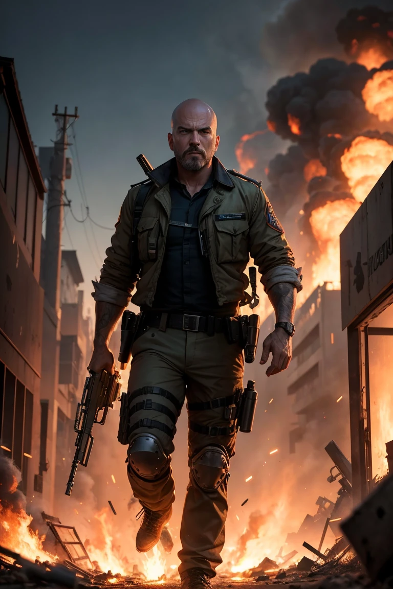 Professional Profile, low hair, naughty man, Visual released, post-apocalyptic cop, fully body, background with fire and bomb being destroyed, and ak47 in hand
