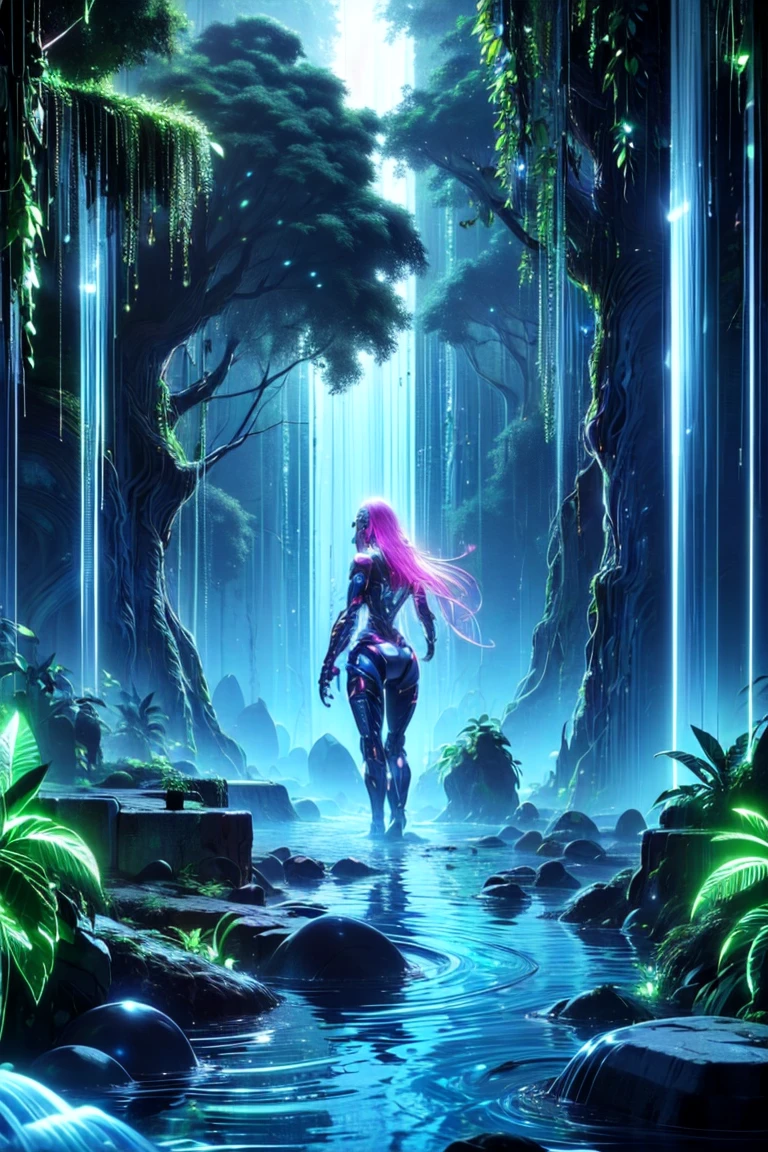 top quality, future world, State-of-the-art robot, Beautiful Woman walking in the jungle , flying hair, Transformed into a cyborg except for the face, whole body photo, back view, (((jungle, adventure, huge trees, water fall, huge stone)))