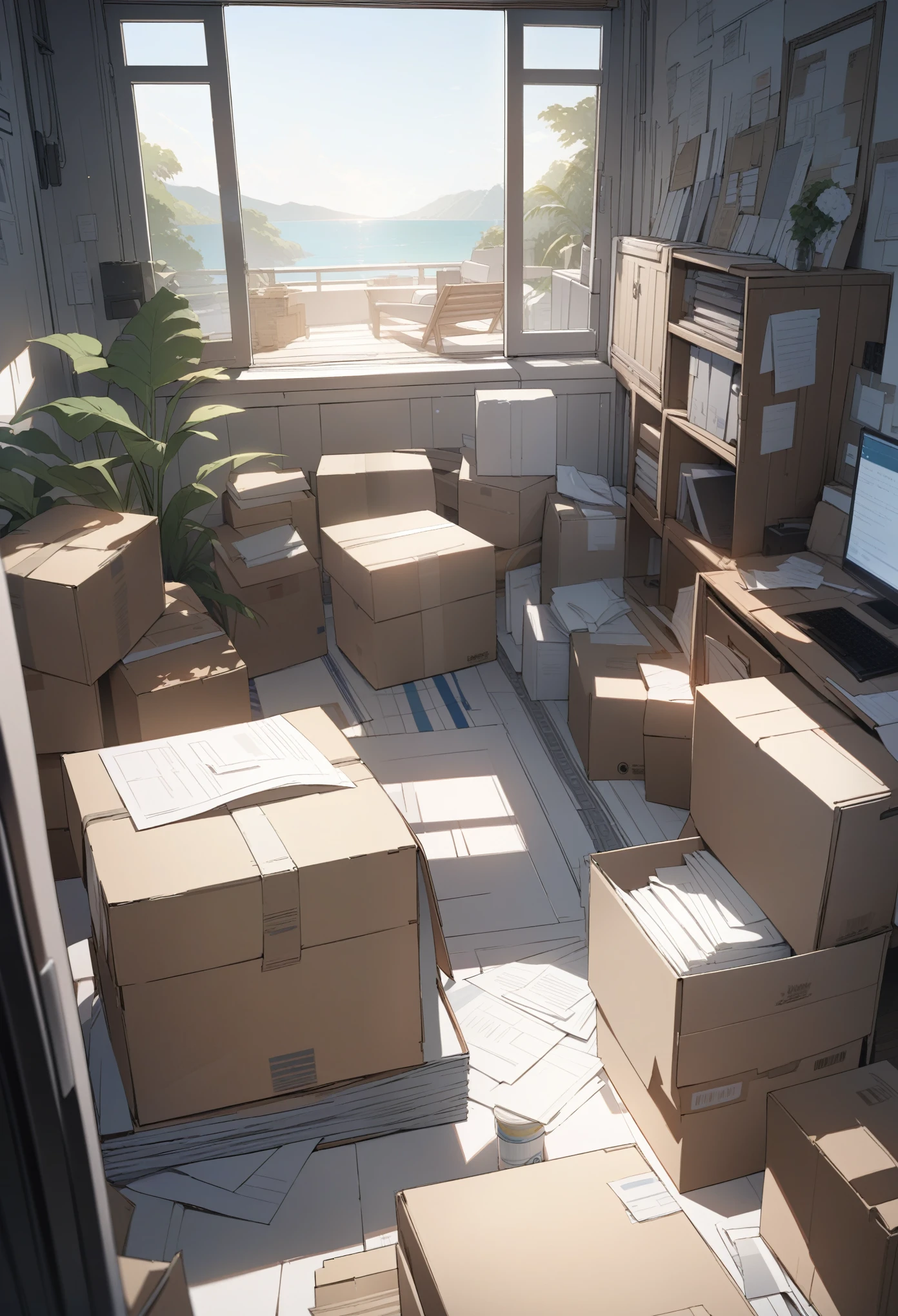 ((background only)),masterpiece, best quality, extremely detailed, ultra detailed, flat anime, 2D, Documents in cardboard boxes,  summer, 11AM, livingroom,