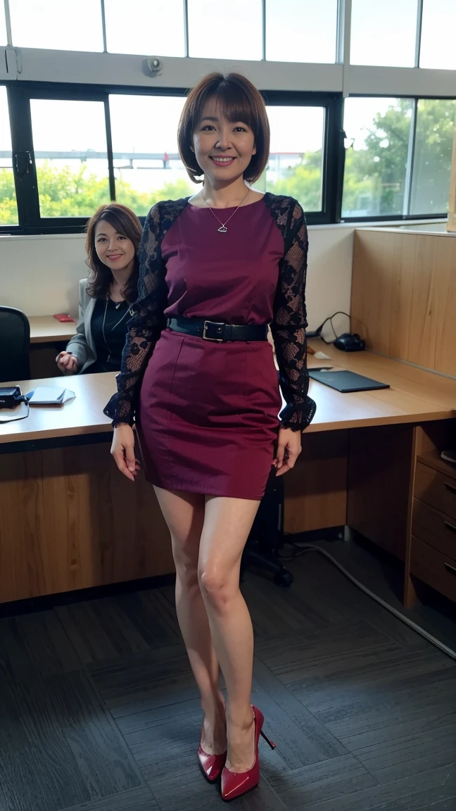 (Highest quality, masterpiece, Realistic, Very detailed, Ultra-high resolution, to be born:1.3), (Three Girls:1.5), beautiful, Japanese, mature, Age 27, office workers, (Close bonds, Short skirt、I can see your pantie| Silver| wine-red| navy| pink| Yellow green| violet| Sky blue} Clothes), (smile), (bangs), high waist, necklace, (office, indoor, Glass Room), (Long legs, High heels, whole body:1.2), (Mid-chest:1.3), (crowd)