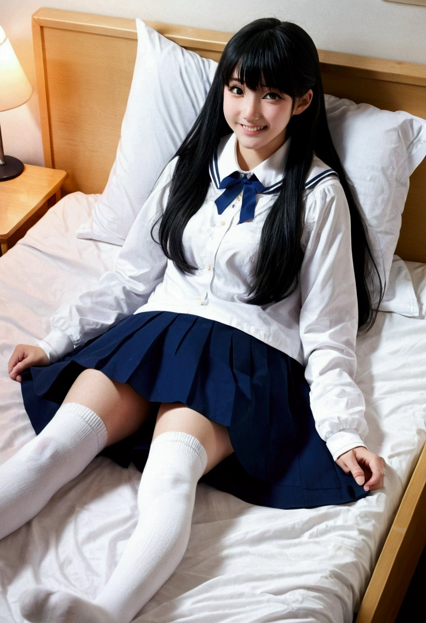 {Highest quality], [so beautiful], [Ultra-fine], [Best illustrations], Browsing Caution,Black Hair, Hime cut, Long Hair, With bangs, girl,high school student,white brouse, skirt,smile, blush, Slender women, Adult female,(public),,diagonal, Navy blue knee socks.night,Health Room,Lying in bed feeling sick