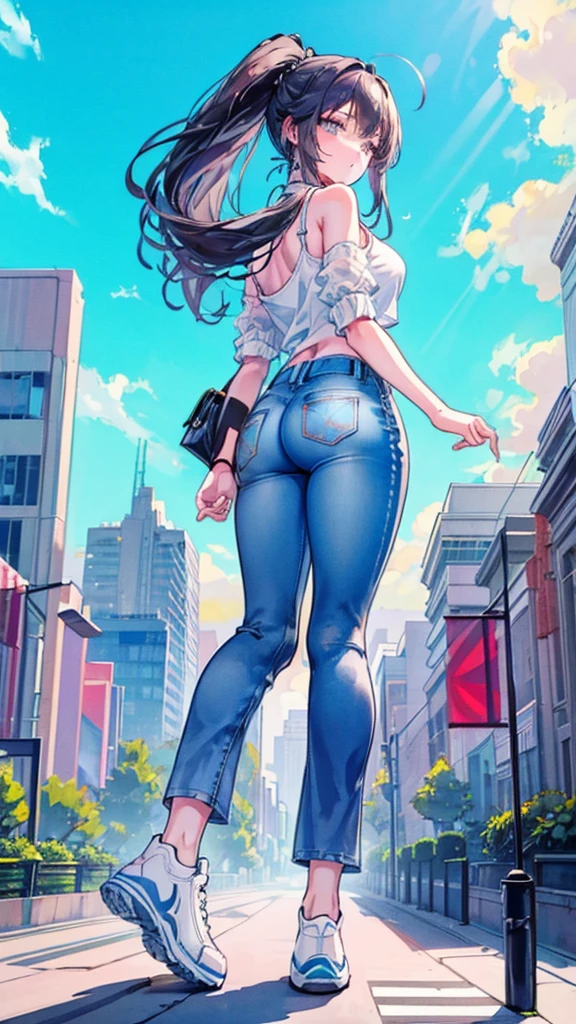 Composition viewed from below masterpiece back Butt Unreal Engine Anime Style Delicate painting 4K 90's giant Multiple Girls crowd Metropolis Railway stations line Many trains crowd Crowd of people Giant girl standing in the city valley Denim pants Big Breasts White T-shirt Summer clothes No sleeve Tank top White Bra Her underwear is visible Sweating profusely Private Server sneakers White socks watch Black Hair ponytail smile blue sky cumulonimbus Contrail female giant giant girl Whole body Destroyed skyscrapers Destroyed cars Crowd Unreal Engine,cleavage ,a drawing of a , earrings, long hair, 1980s (style) Cute picture Beauty Analog style whole body sneakers