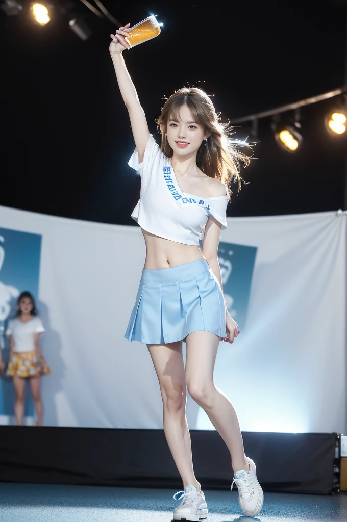 (((best quality))),(((ultra detailed))),(((masterpiece))),illustration,((a beautiful girl,solo)),(shoulder length straight hair:1.2),((slim,thin)),((small breasts,flat chest,cleavage,navel)),(blue short-sleeved white shirt:1.5),(blue mini-skirt:1.3),(slender legs:1.2),(sneakers:1.3),(standing:1.3),(arms behind back:1.3),(on the stage:1.3),((outside a shopping mall, at the entrance of a beer promotional event)),((surrounded by crowded crowds)),((hair and skirt fluttering in the air)),expressive eyes,infectious smile,the stage adorned with colorful decorations,vibrant atmosphere,(night scene:1.3),(from front:1.3),(full body:1.3),