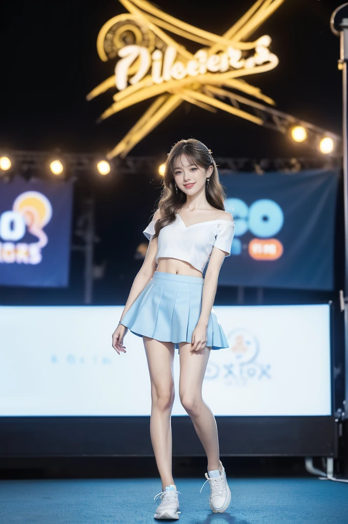 (((best quality))),(((ultra detailed))),(((masterpiece))),illustration,((a beautiful girl,solo)),(shoulder length straight hair:1.2),((slim,thin)),((small breasts,flat chest,cleavage,navel)),(blue short-sleeved white shirt:1.5),(blue mini-skirt:1.3),(slender legs:1.2),(sneakers:1.3),(standing:1.3),(arms behind back:1.3),(on the stage:1.3),((outside a shopping mall, at the entrance of a beer promotional event)),((surrounded by crowded crowds)),((hair and skirt fluttering in the air)),expressive eyes,infectious smile,the stage adorned with colorful decorations,vibrant atmosphere,(night scene:1.3),(from front:1.3),(full body:1.3),