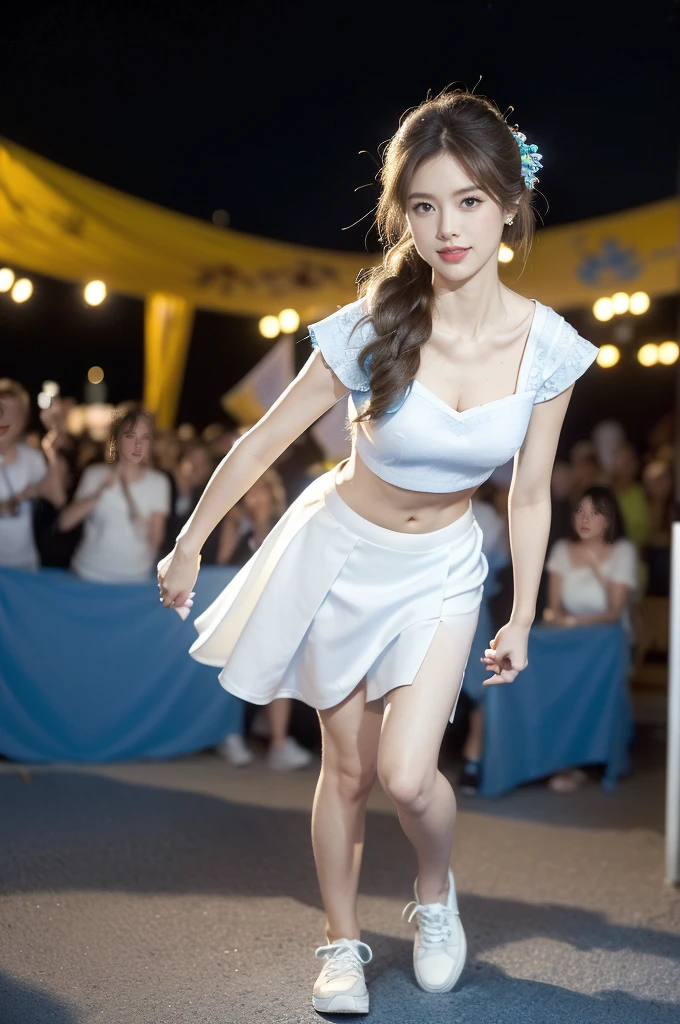 (((best quality))),(((ultra detailed))),(((masterpiece))),illustration,((a beautiful girl,solo)),(shoulder length straight hair:1.2),((slim,thin)),((small breasts,flat chest,cleavage,navel)),(blue short-sleeved white shirt:1.5),(blue mini-skirt:1.3),(slender legs:1.2),(sneakers:1.3),(standing:1.3),(arms behind back:1.3),(on the stage:1.3),((outside a shopping mall, at the entrance of a beer promotional event)),((surrounded by crowded crowds)),((hair and skirt fluttering in the air)),expressive eyes,infectious smile,the stage adorned with colorful decorations,vibrant atmosphere,(night scene:1.3),(from front:1.3),(full body:1.3),
