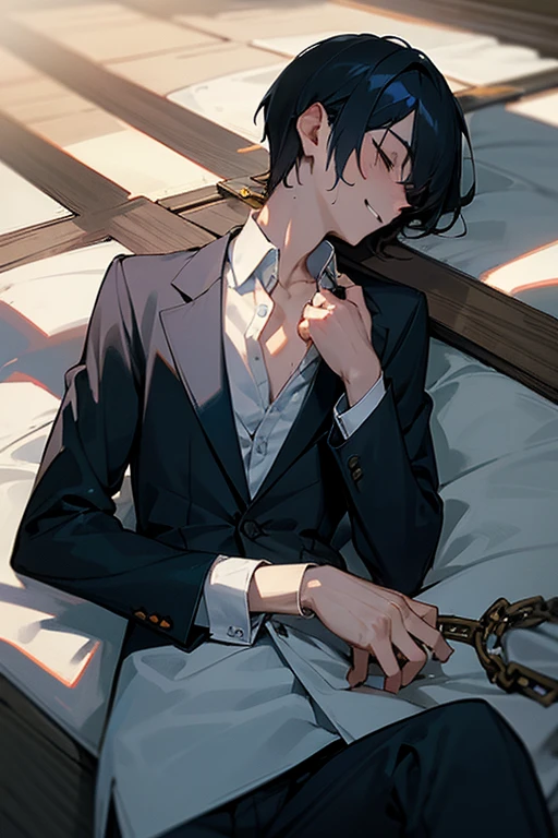 male、Beautiful Boy、solo、Slender、sex appeal、Grin、suspicious、Creepy Smile、suit、shirt、Bare Skin、Unbuttoned、Disturbed、Sweat、Breathless、panic、Fall to the floor、Sleeping on the floor、Poor land、Rope restraint、Handcuffs
