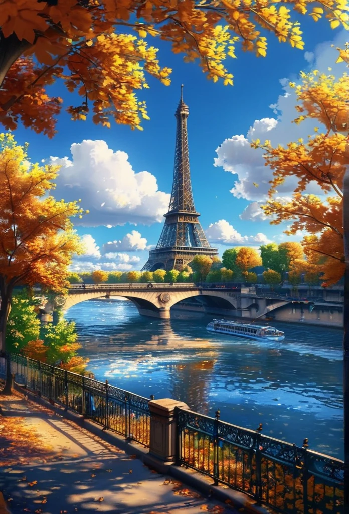 gangfeng,eiffel tower,paris,sunny day,clouds,trees,seine river,bridge,autumn leaves,vibrant,clear weather,bright,scenic,nature,calm waters,idyllic.,