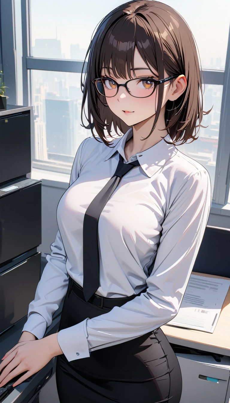 modern, Verism, masterpiece, textured skin, super detail, best quality, 4K, Woman wearing glasses,((Ultra-slender)), (office worker),Dark brown medium hair,White shirt,Narrow skirt,Within the company