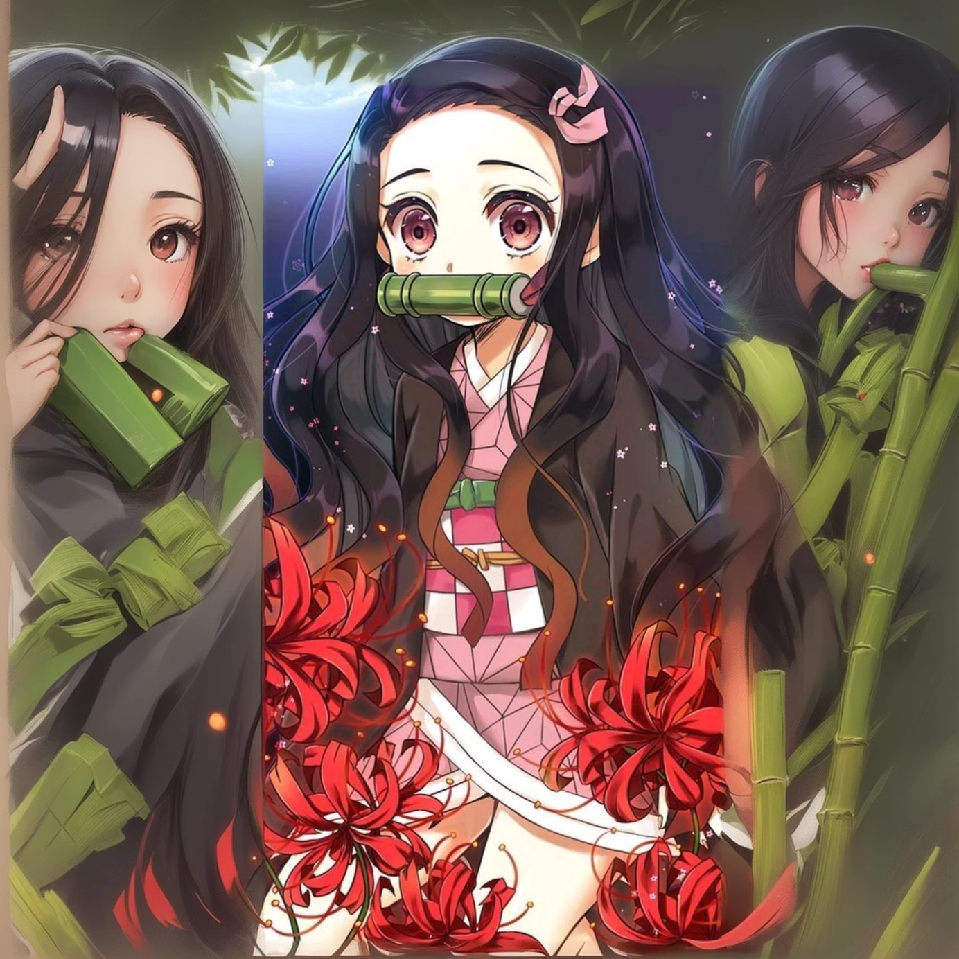anime girl with long black hair and a green bottle in her mouth, anime visual of a cute girl, nezuko-chan, nezuko, hanayamata, with no face, anime visual of a young woman, anime girl with long hair, in a bamboo forest, with no mouth, shuushuu anime image, no face