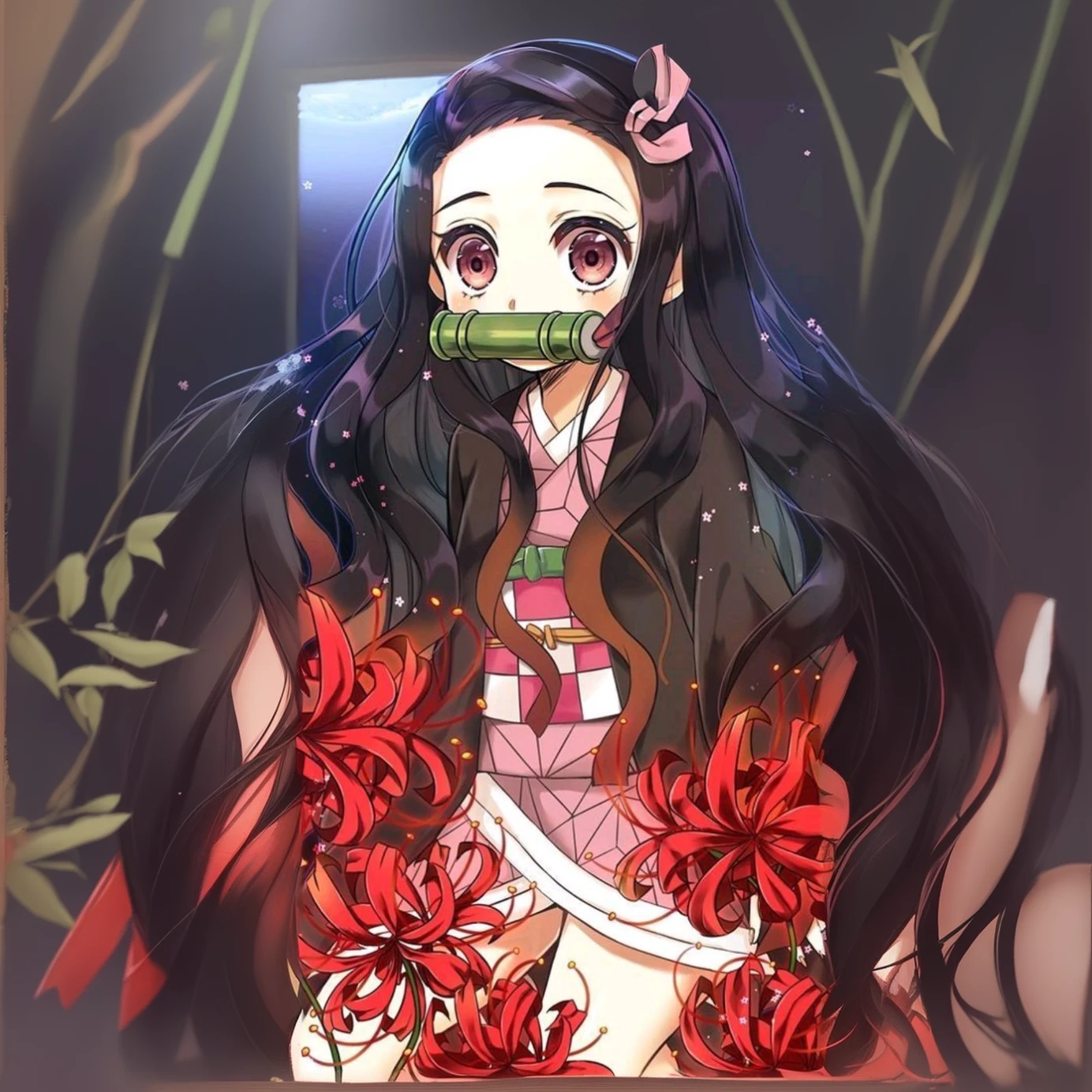 anime girl with long black hair and a green bottle in her mouth, anime visual of a cute girl, nezuko-chan, nezuko, hanayamata, with no face, anime visual of a young woman, anime girl with long hair, in a bamboo forest, with no mouth, shuushuu anime image, no face