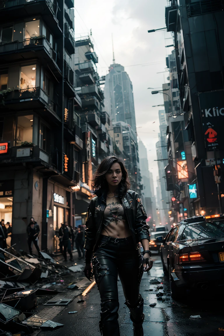 (Highest quality, Ultra HD, 16k, Masterpiece) A powerful girl walks confidently in front of her rugged, futuristic car amidst a chaotic and war-torn metropolis interspersed with heavy greenery, vibrant flowers, and bioluminescent lights. The shot is a medium to long view, capturing her determined presence and the complete surroundings around her. She gazes ahead with a fierce, unyielding expression, embodying strength and resolve. She wears a fitted mecha t-shirt under a stylish jacket and jeans pants, her attire blending practicality with a touch of modern flair. The jacket is detailed with guns, rifles, and utility pockets, enhancing her battle-ready appearance. Her hair is tousled and windswept, adding to her dynamic presence. The car behind her is a heavily modified, armored vehicle, its exterior scarred from countless battles.
In the background, the entire skyline of the metropolis is visible, partially obscured by smoke and ash, yet interwoven with lush greenery and bioluminescent flora. Skyscrapers tower amidst the chaos, many of them heavily damaged with gaping holes and crumbling facades, but also adorned with climbing plants and blooming flowers. Explosions light up the scene, casting an eerie glow over the widespread destruction and the verdant surroundings. Mountains and hilltops rise in the distance, covered in dense foliage, adding a contrasting sense of natural beauty to the devastation. Spaceships hover menacingly in the sky, engaged in fierce aerial battles, their sleek designs contrasting with the lush, vibrant environment below. The ground is littered with debris and remnants of destroyed structures, adding to the sense of a world torn apart by conflict. Scraps of metal, shattered glass, and remnants of vehicles are scattered across the landscape. Action film, ((tshirt)), (((fully covered mecha tshirt))), (((mecha jacket on top))), (((guns))).