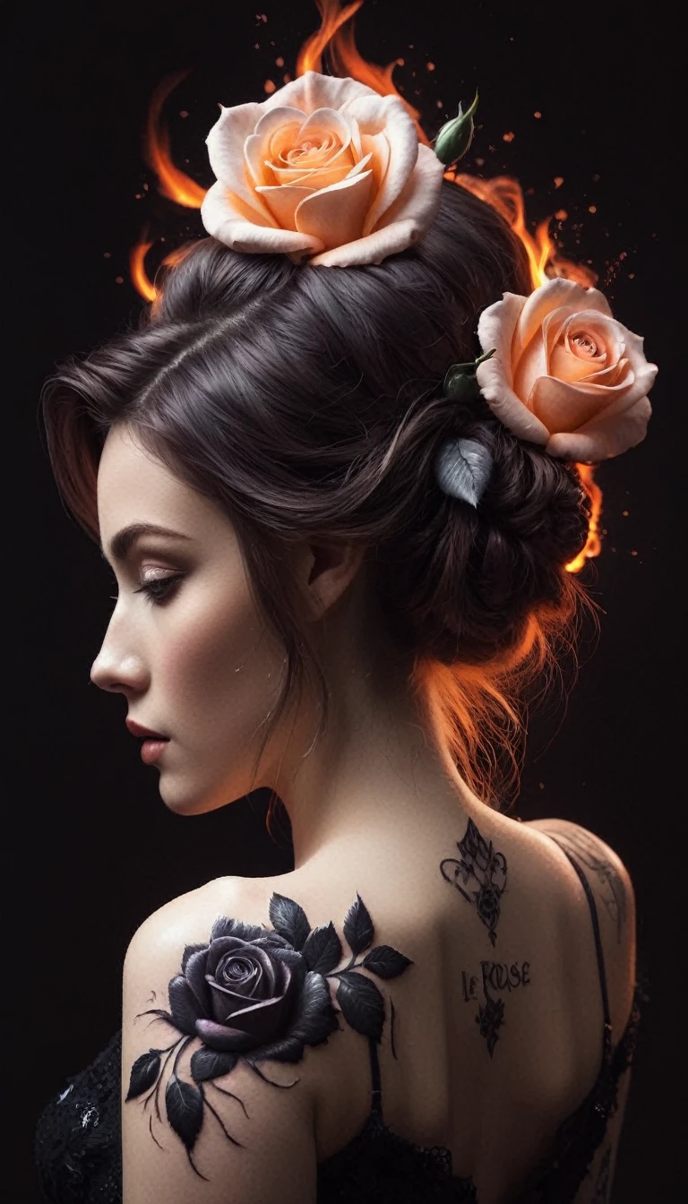 arafé, Dark art fantastique, art fantastique, art gothique, a drawing of a minimalist tattoo on le back of a sublime women, un tatouage brillant d’une Artflwr ((rose blanche: 1.3)) on the woman's back, le ((Tatouage de roses)) est vif avec un effet 3D sortant de son dos, intricate detailed coming to life from le ink to real life, GlowingRunesAI_violet, ((fire surrounds le rose petals: 1.5)), shoot taken from le back, ((le back is visible: 1.3), le dress is elegant, écoulement, that le tattoos glow, couleur de cheveux faize dynamique, coiffure dynamique, intéresser, peinture numérique