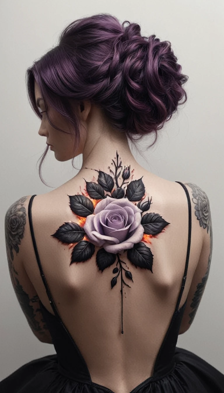 arafé, Dark art fantastique, art fantastique, art gothique, a drawing of a minimalist tattoo on le back of a sublime women, un tatouage brillant d’une Artflwr ((rose blanche: 1.3)) on the woman's back, le ((Tatouage de roses)) est vif avec un effet 3D sortant de son dos, intricate detailed coming to life from le ink to real life, GlowingRunesAI_violet, ((fire surrounds le rose petals: 1.5)), shoot taken from le back, ((le back is visible: 1.3), le dress is elegant, écoulement, that le tattoos glow, couleur de cheveux faize dynamique, coiffure dynamique, intéresser, peinture numérique