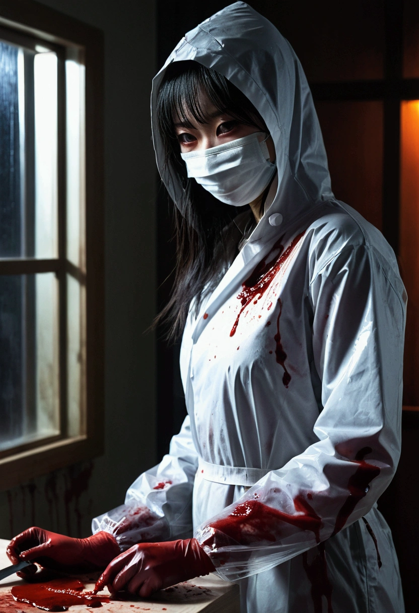 korean girl, (behind corpse, surgical mask), blood splatter, holding knife, stabbing, gloves, room full of blood, transparent raincoat, hood up, holding knife, gloves, behind corpse, long bangs, night, mass murderer, robbery, in the hotel, dark atmosphere, cinematic lighting, atmospheric realistic, light from the window