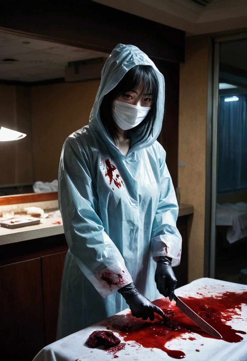 korean girl, (behind corpse, surgical mask), blood splatter, holding knife, stabbing, gloves, room full of blood, transparent raincoat, hood up, holding knife, gloves, behind corpse, long bangs, night, mass murderer, robbery, in the hotel, dark atmosphere, cinematic lighting, atmospheric realistic, light from the window
