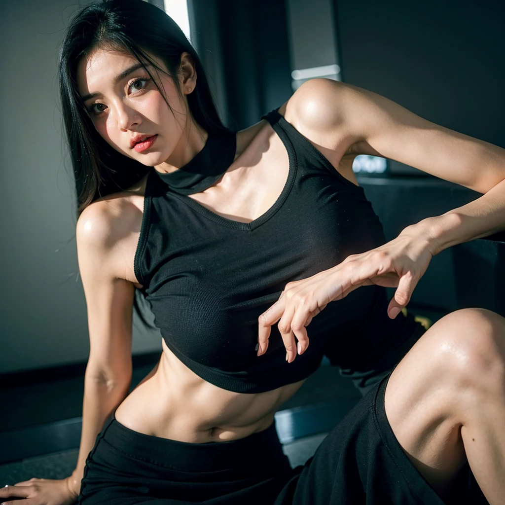 best quality, ultra high res, (photorealistic:1.4), 2girl, tanktop black shirt, black tight skirt, black choker, (faded ash gray hair:1), medium breasts, looking at viewer, closeup, (pretty face) , southeast asia girl.