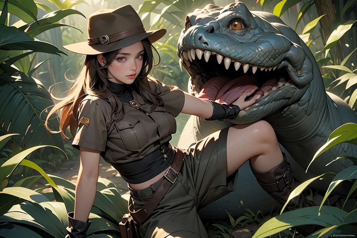 ((Masterpiece, top quality, high resolution)), ((highly detailed CG unified 8K wallpaper)), Jungle Adventure, Female explorer and giant man-eating snake fighting, wearing detailed explorer costume, wide-brimmed explorer hat, fingerless gloves, leather boots,
