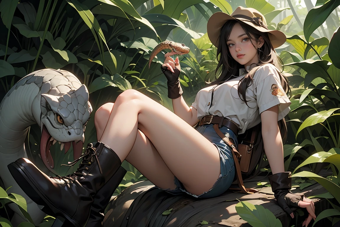 ((Masterpiece, top quality, high resolution)), ((highly detailed CG unified 8K wallpaper)), Jungle Adventure, Female explorer and giant man-eating snake fighting, wearing detailed explorer costume, wide-brimmed explorer hat, fingerless gloves, leather boots,