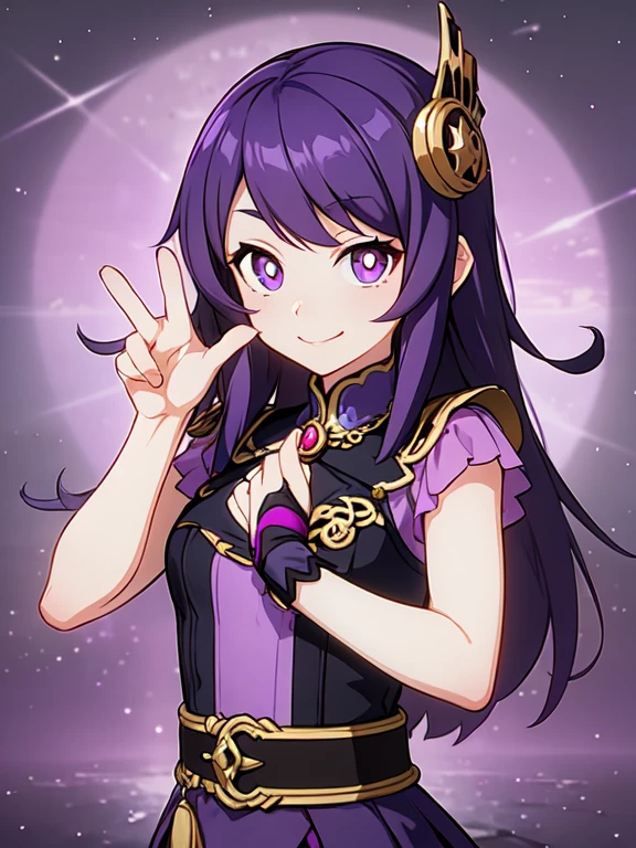 Hoshino Ai, gloves, language sticking out, language, long hair, star (symbol), View view, (purple hair: 1.2), purple eyes, upper body, hair ornament, frill, pink shirt, smile, without sleeves, shirt, Idol, symbol shaped pupil, hands up, bang, one side up, star-shaped pupils, hands up, dress, roaring twenties, isometric, above, whole body, Rembrandt, illustration, detail, depth of field, I look at the viewer, peace sign, hand raised, language out, top quality, a high resolution.