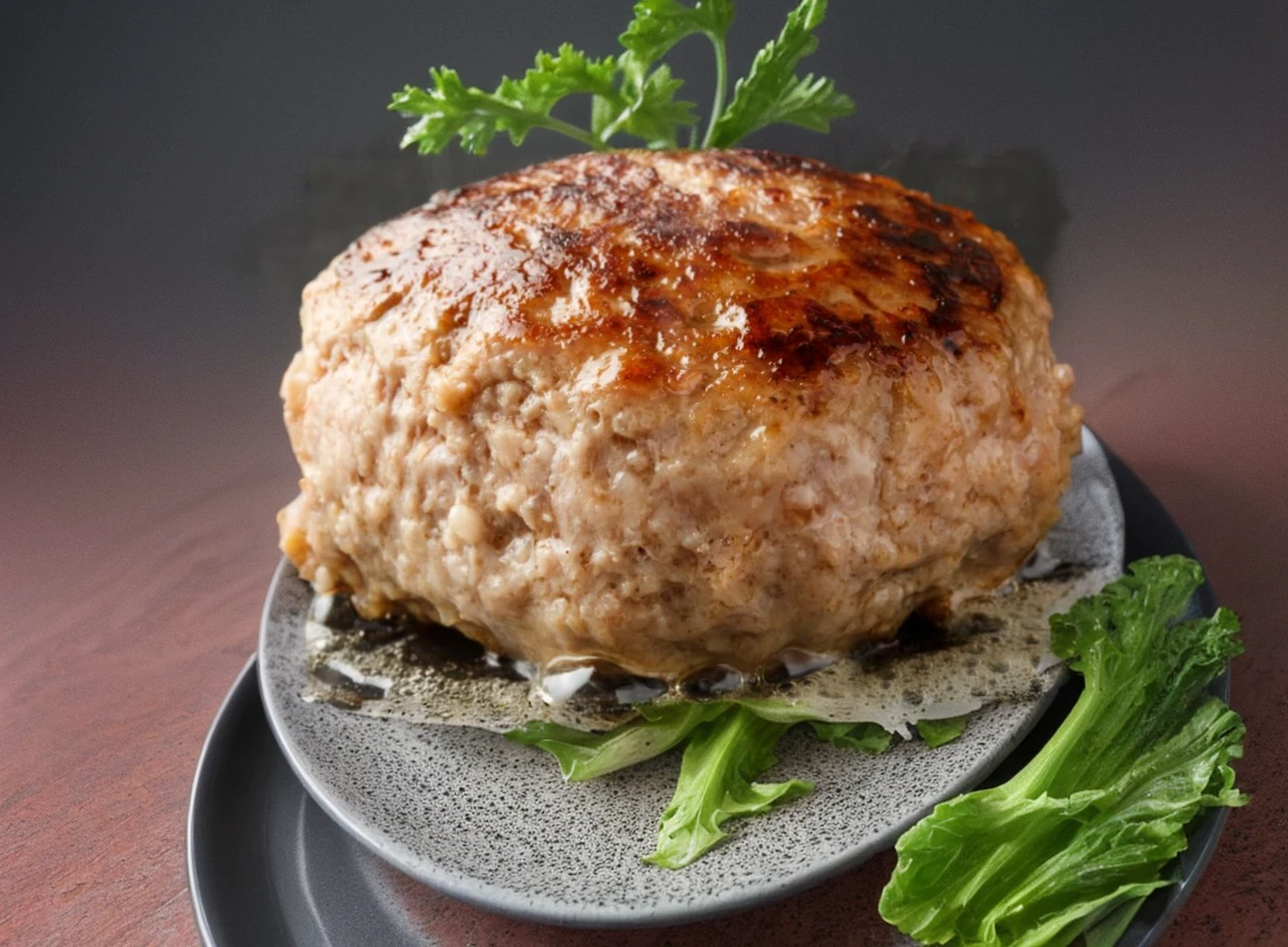 In the center is a picture of a hamburger，Surrounded by black plates，Decorated with green vegetables nearby