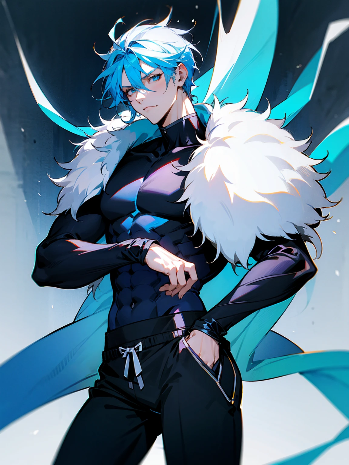 1male, adult, sky blue hair, Vergil hair, fur coat, black sweatpants, tired expression, lean build