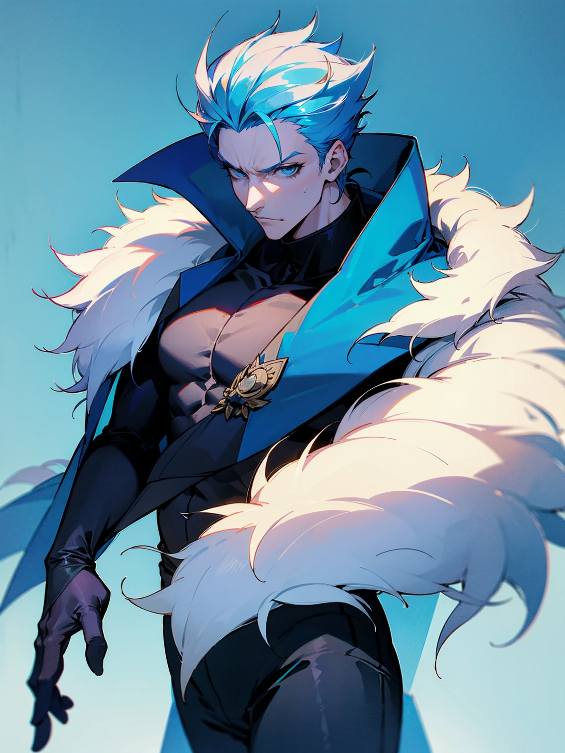 1male, adult, sky blue hair, Vergil hair, fur coat, black sweatpants, tired expression, lean build