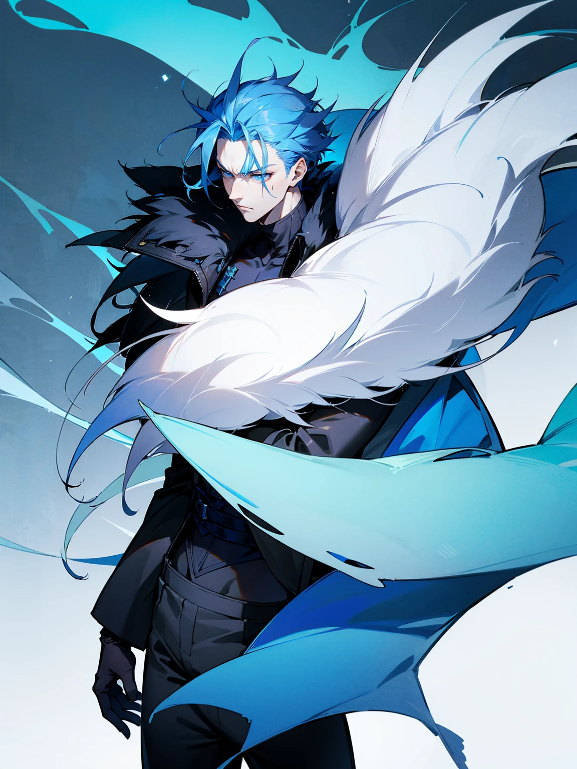 1male, adult, sky blue hair, Vergil hair, fur coat, black sweatpants, tired expression, lean build