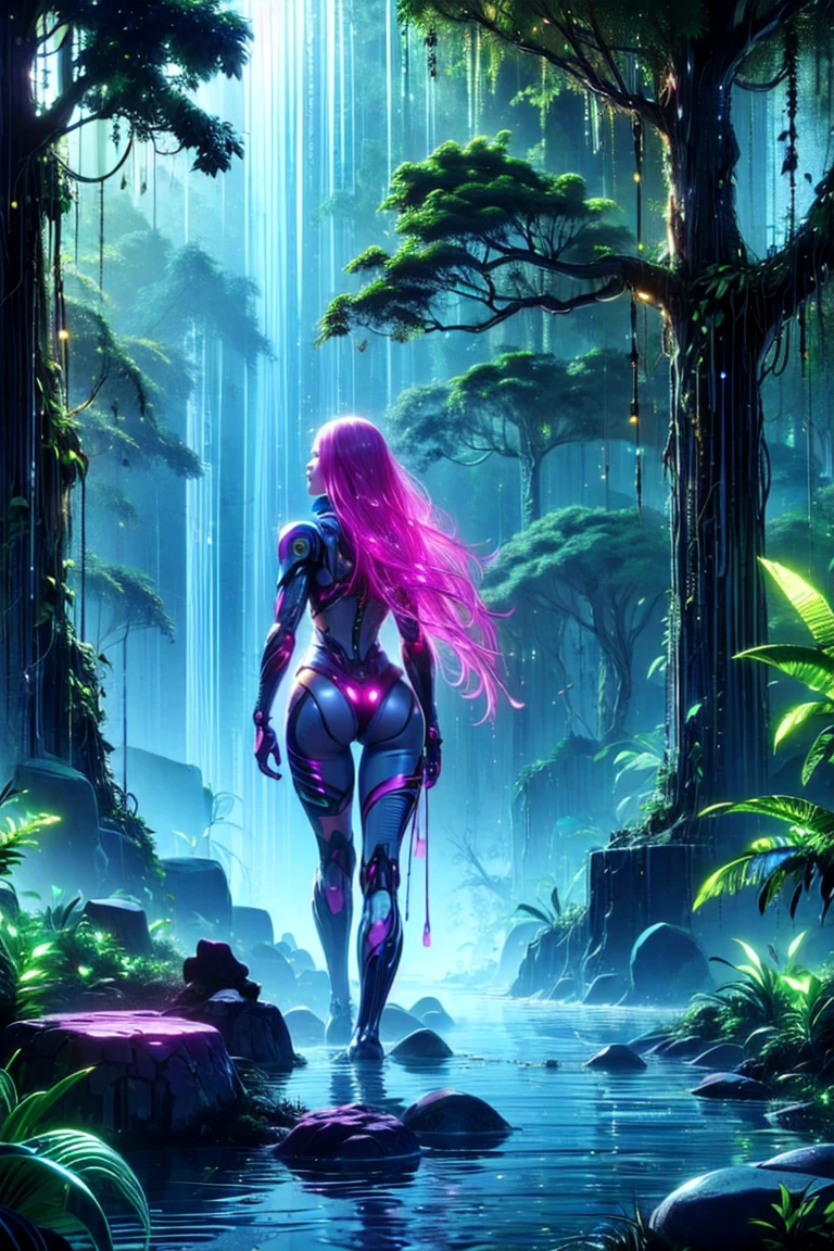 top quality, future world, State-of-the-art robot, Beautiful Woman walking in the jungle , flying hair, whole body photo, back view, (((jungle, adventure, huge trees, water fall, huge stone)))