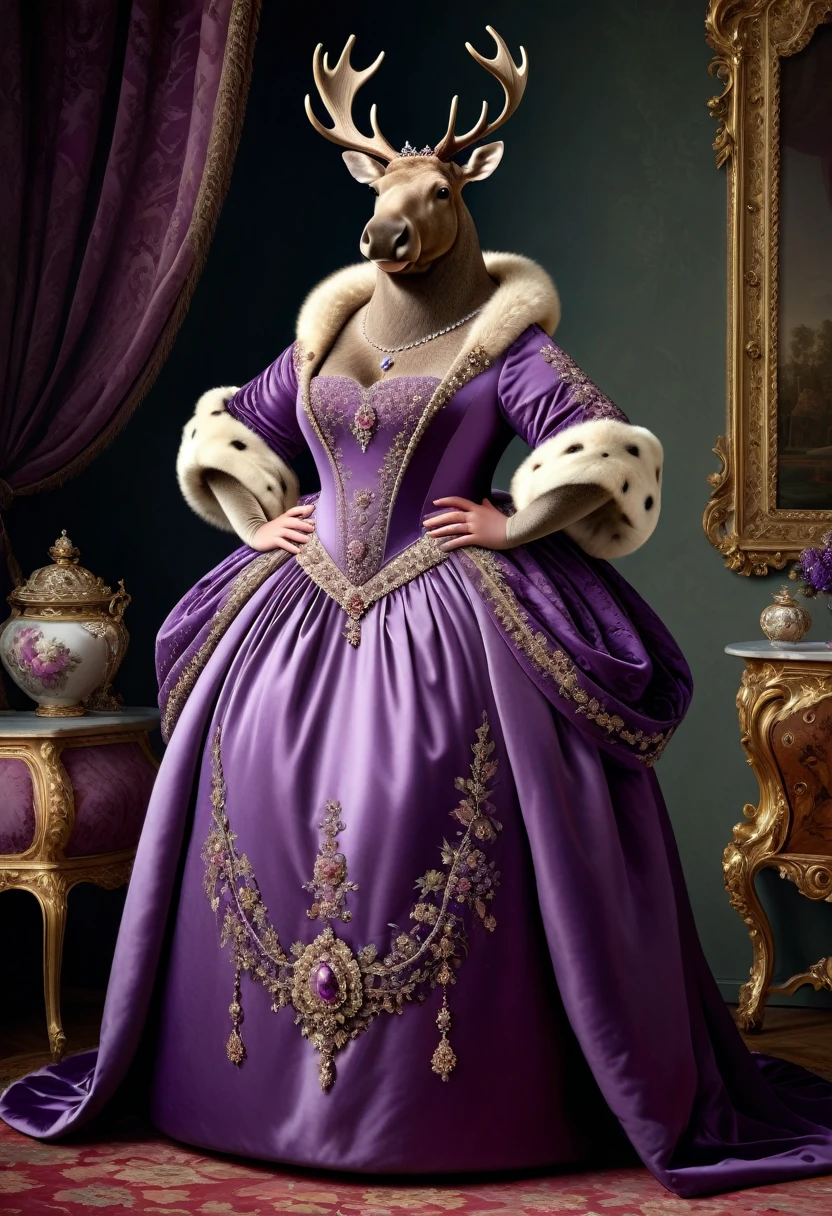 photorealistic portrait of Dressed animals - a ((fat)) (moose) princess, (full body image:1.5),(elegant pose:1.5) Wearing luxury sack-back gown,(wearing luxury tiara),(hands on hips:1.5), Old-fashioned luxury  loyal  purple dress, detailed and opulent description of a loyal aristocratic sack-back gown in Rococo , emphasizing luxurious fabrics, intricate embroidery, and ornate accessories, Rococo style king palace  background,(looking at viewer:1.5),score_9, score_8_up, score_7_up, score_6_up, score_5_up, score_4_up,