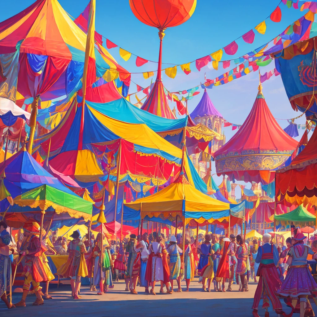 A fantasy circus tent in the center of a bustling marketplace, (best quality,8k,highres,masterpiece:1.2),ultra-detailed,(realistic,photorealistic,photo-realistic:1.37),vivid colors,dramatic lighting,intricate architecture,colorful tents and stalls,performers in elaborate costumes,crowd of people wandering the square,dynamic scene with energy and movement,fantasy landscape in the background,ornate details on the circus tent,vibrant colors and patterns,magical atmosphere