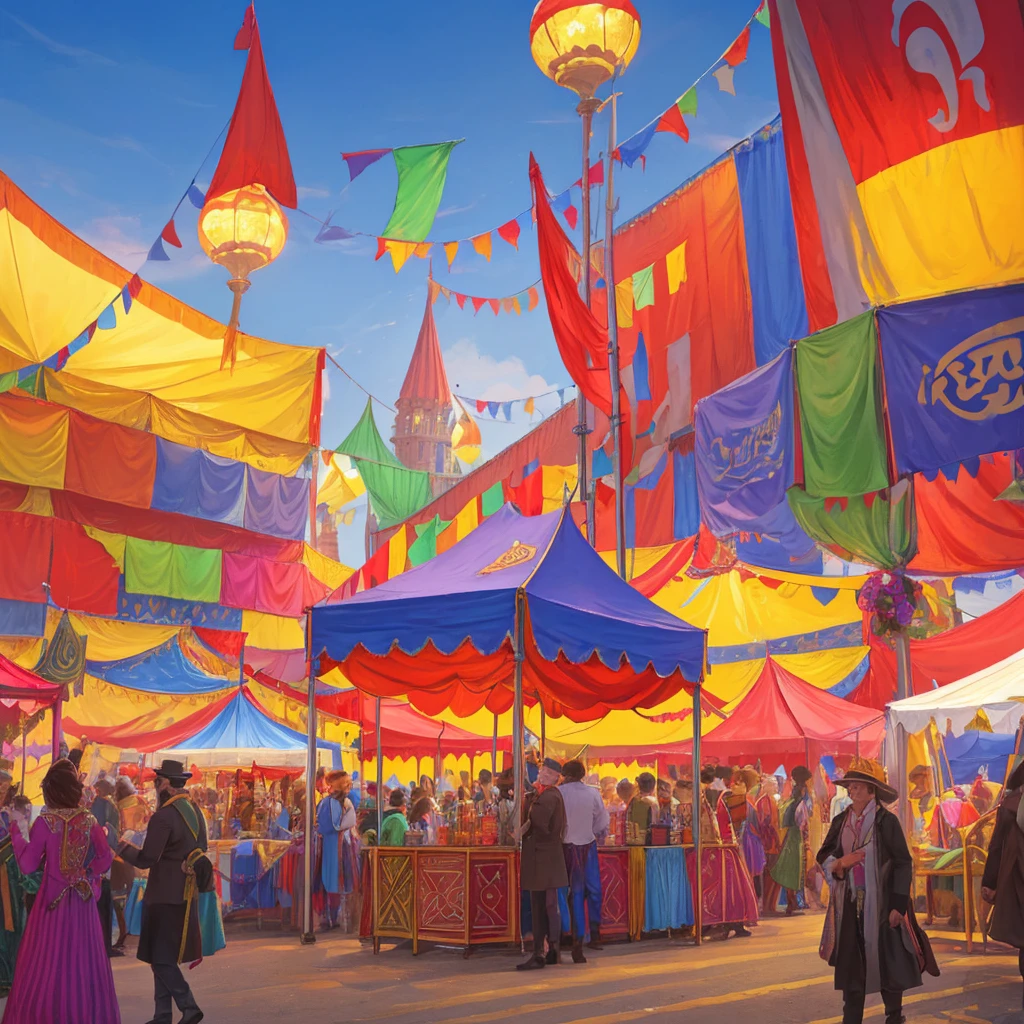 A fantasy circus tent in the center of a bustling marketplace, (best quality,8k,highres,masterpiece:1.2),ultra-detailed,(realistic,photorealistic,photo-realistic:1.37),vivid colors,dramatic lighting,intricate architecture,colorful tents and stalls,performers in elaborate costumes,crowd of people wandering the square,dynamic scene with energy and movement,fantasy landscape in the background,ornate details on the circus tent,vibrant colors and patterns,magical atmosphere