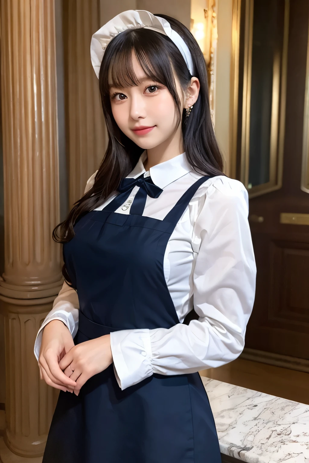 Detailed image of a young female character standing in a grand hall lined with marble columns。She has short, wavy blue hair、Has side fringe、Adorned with a white frilly headband and blue ribbon。Big blue eyes are kind、He has a slightly sad expression、There is a slight redness on the cheeks。She is wearing a classic maid outfit.、In a black puff sleeve dress、White apron with lace trim、And a blue ribbon on the neckline.。The apron has gold teardrop decorations.、It is secured by a thin gold chain。She is holding the skirt of her dress with one hand、It is lifted a little、Her other hand is delicately placed to touch the ribbon on her chest.。In the background there is a blurred white decorative building.、The soft, indirect lighting creates a calm and elegant atmosphere.。smile、Large Breasts、ランダムでセクシーなポーズ