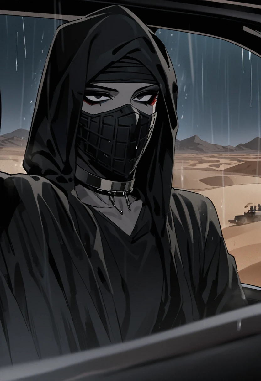 Male arab modern terrorist, terrorist, black balaclava, black bandage, black clothes, thin waist, skinny body, femboy, black eyes, light skin, makeup, black eyeliner, big eyelashes, black eyeshadow, metal choker, light tanned skin, inside the car, desert, rain, night